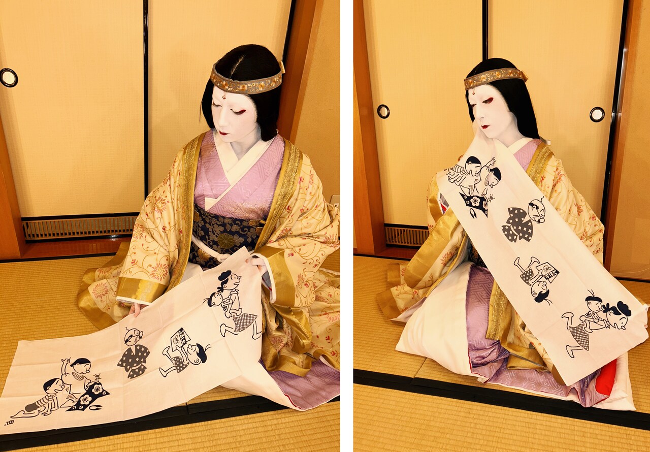 「サザエさん」手ぬぐいを、大層お気に召していらっしゃる汲手姫様のご様子。