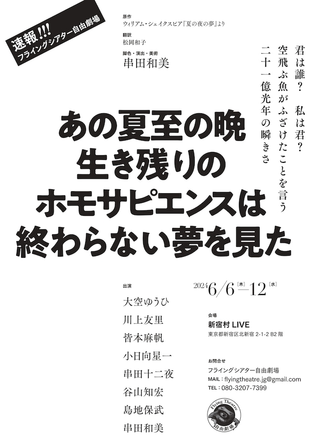フライングシアター自由劇場 第2回公演「あの夏至の晩 生き残りのホモサピエンスは終わらない夢を見た」仮チラシ