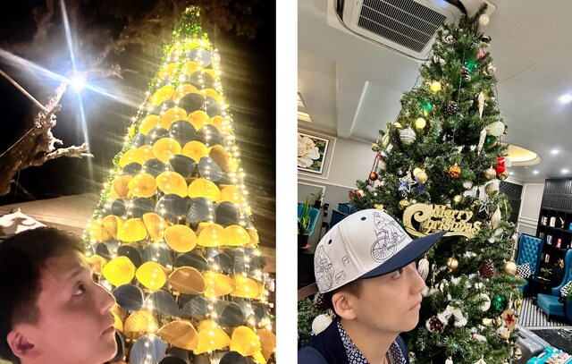 ベトナムで撮った2枚。ラオスのツリーに圧倒される米吉（左）と、キャップの柄がどことなくベトナムっぽい米吉（右）。