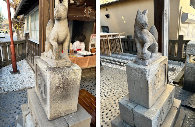 左は、三代目歌六＆三代目米吉が奉納したお狐様。右は、その向かいに立つ、初代中村吉右衛門と米吉の曽祖父・三代目中村時蔵が奉納したお狐様。表情にも注目してみよう。