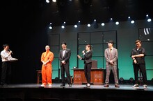 紀伊國屋ホール 60周年記念公演「熱海連続殺人事件」より「熱海殺人事件 Standard」舞台あいさつの様子。左から久保田創、高橋龍輝、荒井敦史、新内眞衣、富永勇也、中江功。