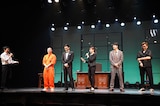 紀伊國屋ホール 60周年記念公演「熱海連続殺人事件」より「熱海殺人事件 Standard」舞台あいさつの様子。左から久保田創、高橋龍輝、荒井敦史、新内眞衣、富永勇也、中江功。
