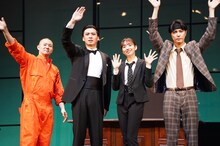 紀伊國屋ホール 60周年記念公演「熱海連続殺人事件」より「熱海殺人事件 Standard」舞台あいさつの様子。左から高橋龍輝、荒井敦史、新内眞衣、富永勇也。