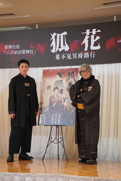 「八月納涼歌舞伎」第三部「『狐花』葉不見冥府路行」取材会より。左から松本幸四郎、京極夏彦。