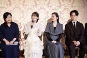 令和6年能登半島地震復興公演「まつとおね」の記者発表より。左から小松江里子、蓮佛美沙子、吉岡里帆、中村歌昇。