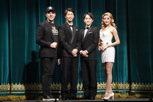 ミュージカル「プロデューサーズ」取材会より、左からジェームス・グレイ、濵田崇裕、神山智洋、王林。