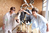 牛をなでる赤澤燈（左）と本田礼生。