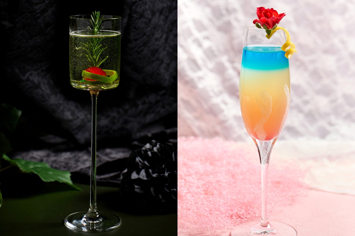 エルファバとグリンダをイメージしたカクテルとノンアルコールカクテル。左から「Evergreen」「Light of Oz」。