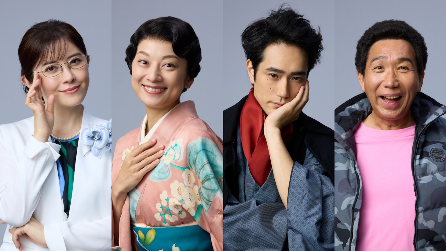 ドラマW 三谷幸喜「おい、太宰」出演者。左から宮澤エマ、小池栄子、松山ケンイチ、梶原善。