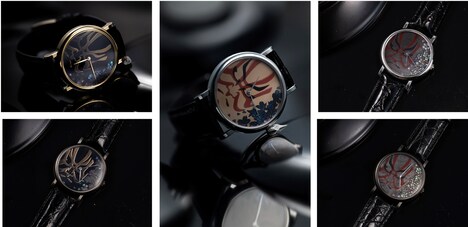 宝飾店・芝翫香による、歌舞伎をモチーフにしたブランド・DENSHO -伝承-の「隈取 蒔絵腕時計 筋隈－SUJIGUMA（ラウンド）」。