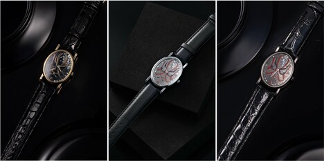 宝飾店・芝翫香による、歌舞伎をモチーフにしたブランド・DENSHO -伝承-の「隈取 蒔絵腕時計　筋隈－SUJIGUMA （オーバル）」。