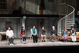 2024/2025シーズン シリーズ「光景-ここから先へと-」Vol.2「ザ・ヒューマンズ─人間たち」初日前会見の様子。左から細川岳、青山美郷、山崎静代、平田満、増子倭文江、稲川実代子、桑原裕子。