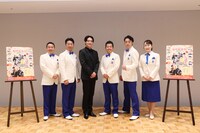 「松竹創業130周年 秋だ！笑いだ！松竹新喜劇 九月公演」取材会より、左から曽我廼家桃太郎、曽我廼家一蝶、辰巳ゆうと、藤山扇治郎、渋谷天笑、曽我廼家いろは。