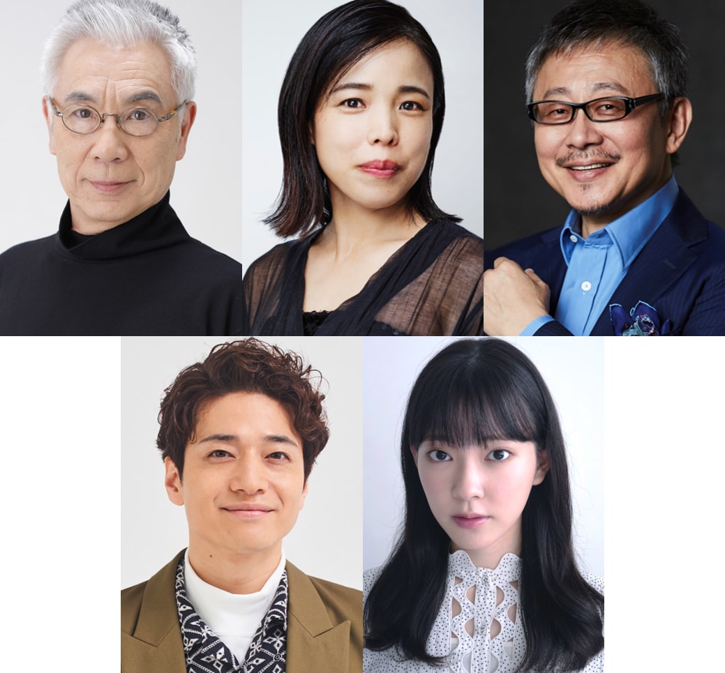 上段左からイッセー尾形、安藤玉恵、松尾貴史。下段左から福田悠太、小向なる。