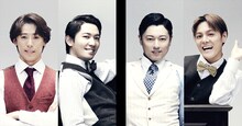 ミュージカル「ダブル・トラブル TAKE2～Hollywood Ending～」出演者。左から越岡裕貴、辰巳雄大、原田優一、室龍太。
