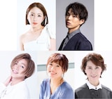 水戸芸術館プロデュース公演 音楽劇「夜のピクニック」出演者。上段左から吉川友、加藤良輔。下段左から安達勇人、三森千愛、剣幸。