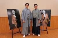 「壽 初春大歌舞伎」夜の部で上演される「女殺油地獄」の会見より。左から中村隼人と松本幸四郎。