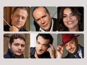 上段左から指揮のマルコ・ギダリーニ、演出のチェーザレ・リエヴィ、フランチェスカ・ピア・ヴィターレ、下段左からマッテオ・デソーレ、シモーネ・アルベルギーニ、マルコ・フィリッポ・ロマーノ。