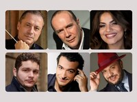 上段左から指揮のマルコ・ギダリーニ、演出のチェーザレ・リエヴィ、フランチェスカ・ピア・ヴィターレ、下段左からマッテオ・デソーレ、シモーネ・アルベルギーニ、マルコ・フィリッポ・ロマーノ。