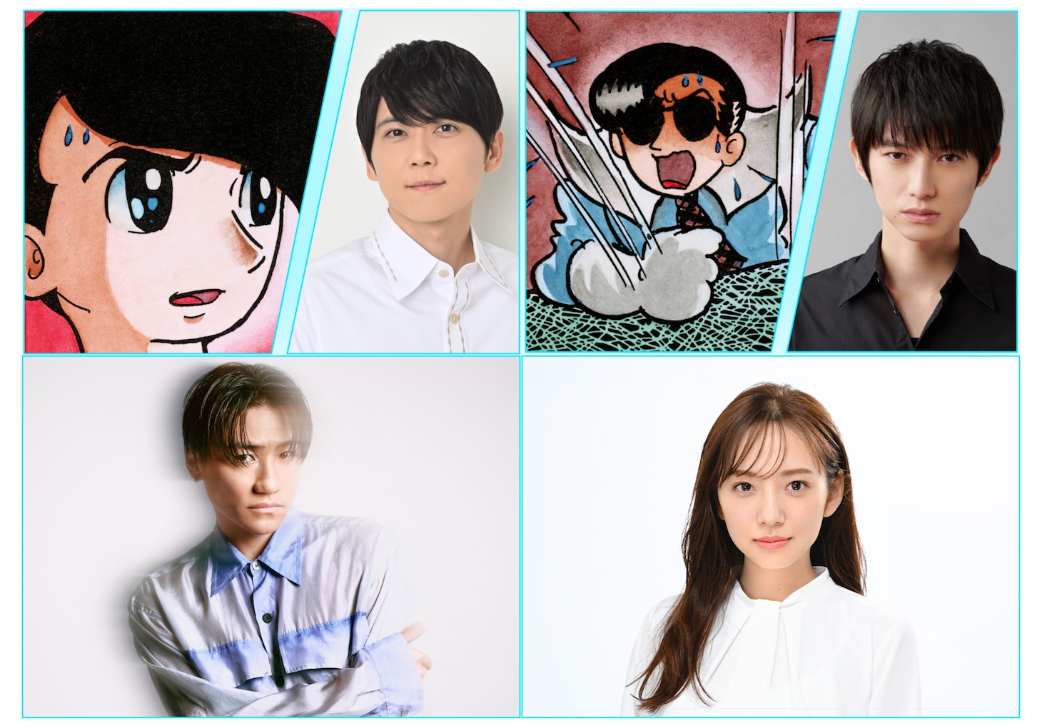 上段左からマサト役の梶裕貴、ロック役の本郷奏多。下段左から小森隼、新内眞衣。