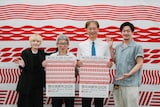 「豊岡演劇祭2026」記者会見より、左から笠木泉、平田オリザ、高宮浩之実行委員会会長、西田悠哉。（提供：豊岡演劇祭実行委員会）