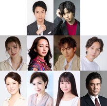 ミュージカル「ISSA in Paris」出演者。上段左から海宝直人、岡宮来夢。中段左から潤花、豊原江理佳、中河内雅貴、染谷洸太。下段左から彩吹真央、藤咲みどり、内田未来、阿部裕。