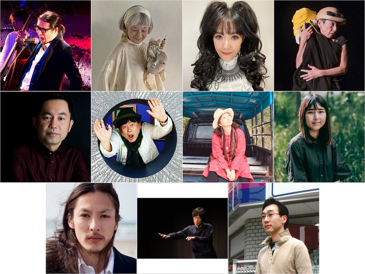 「星座へ」出演者。上段左から国広和毅(©︎MIKOMEX)、黒谷都、こぐれみわぞう、里美のぞみ(©︎Klaus-Henning Hansen)、中段左から辻康介(©︎yOU)、巻上公一、美加理、水沢なお、下段左から宮原由紀夫(©︎Ryu Endo)、山下残(©︎Toshiaki Nakatani)、渡辺玄英。