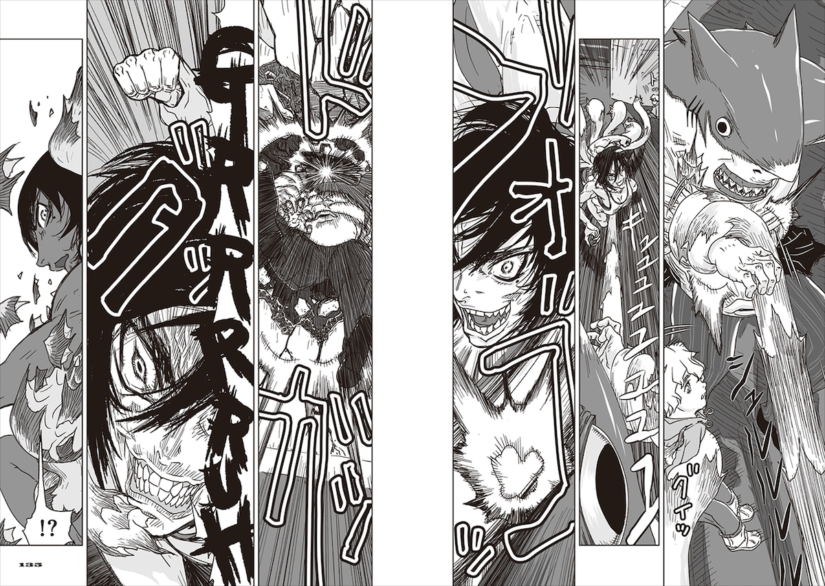 襲いかかる異形化ヤクザに、自身も超人的な力で対抗する黎。羽生生純が描くダイナミックなアクションが、本作では存分に堪能できる。