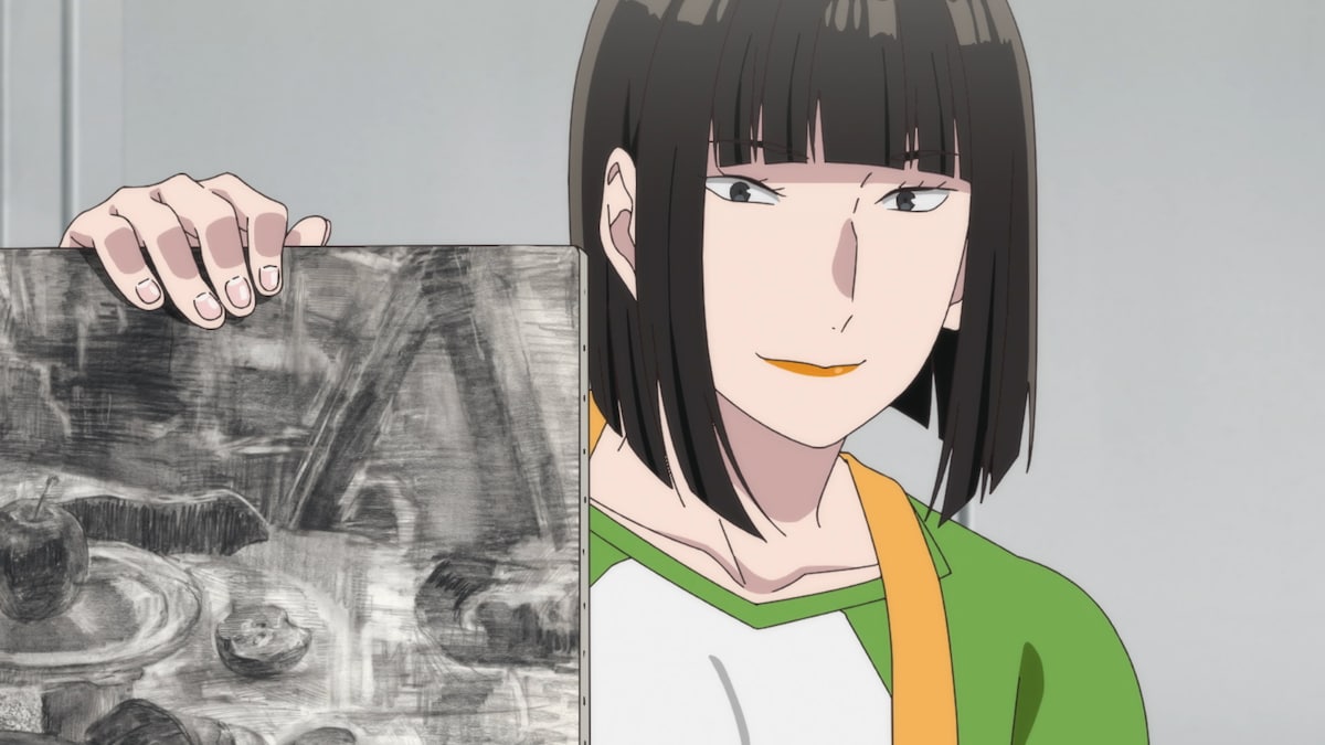 アニメ「ブルーピリオド」第4話の場面カットより、八虎たちが通う美術予備校の講師・大葉真由。