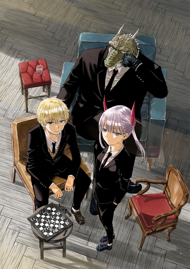 宇宙人専門の保険会社・COSMOSのメンバー。手前の椅子に腰掛けているのが、主人公の水森楓。