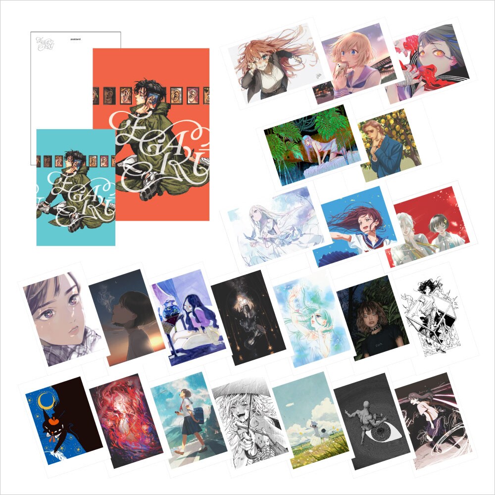 「『EGAKU -draw the song-』展」の会場で販売されるポストカード全24種。