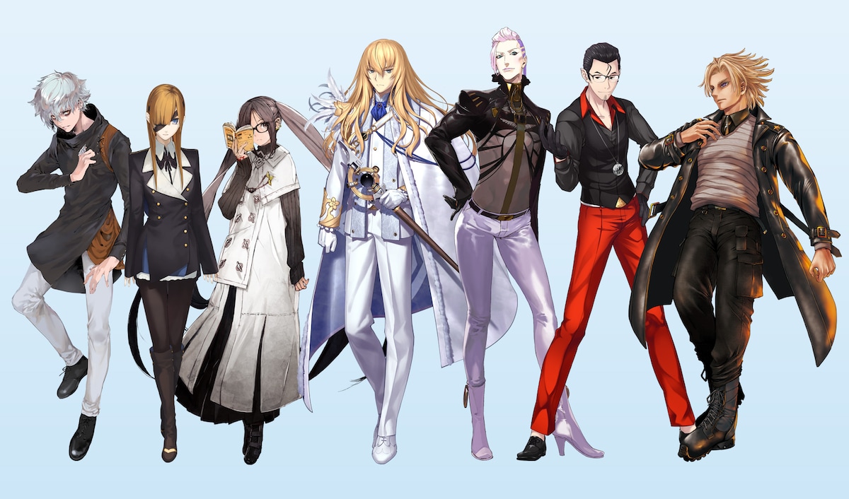 クリプター。カルデアに集められたマスターの中でも、エリートであるAチームに属するメンバーたち。第2部では汎人類史への宣戦布告を行い、主人公たちと敵対する立場になる。左からカドック・ゼムルプス、オフェリア・ファムルソローネ、芥ヒナコ、キリシュタリア・ヴォーダイム、スカンジナビア・ペペロンチーノ、ベリル・ガット、デイビット・ゼム・ヴォイド。