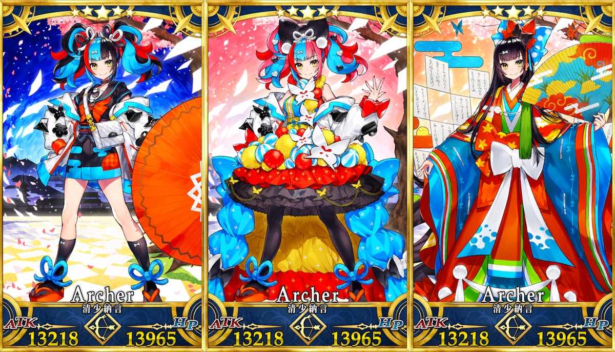 清少納言（アーチャー）。左から第1再臨、第2再臨、第3再臨と育成段階が進むごとにデザインが異なる。