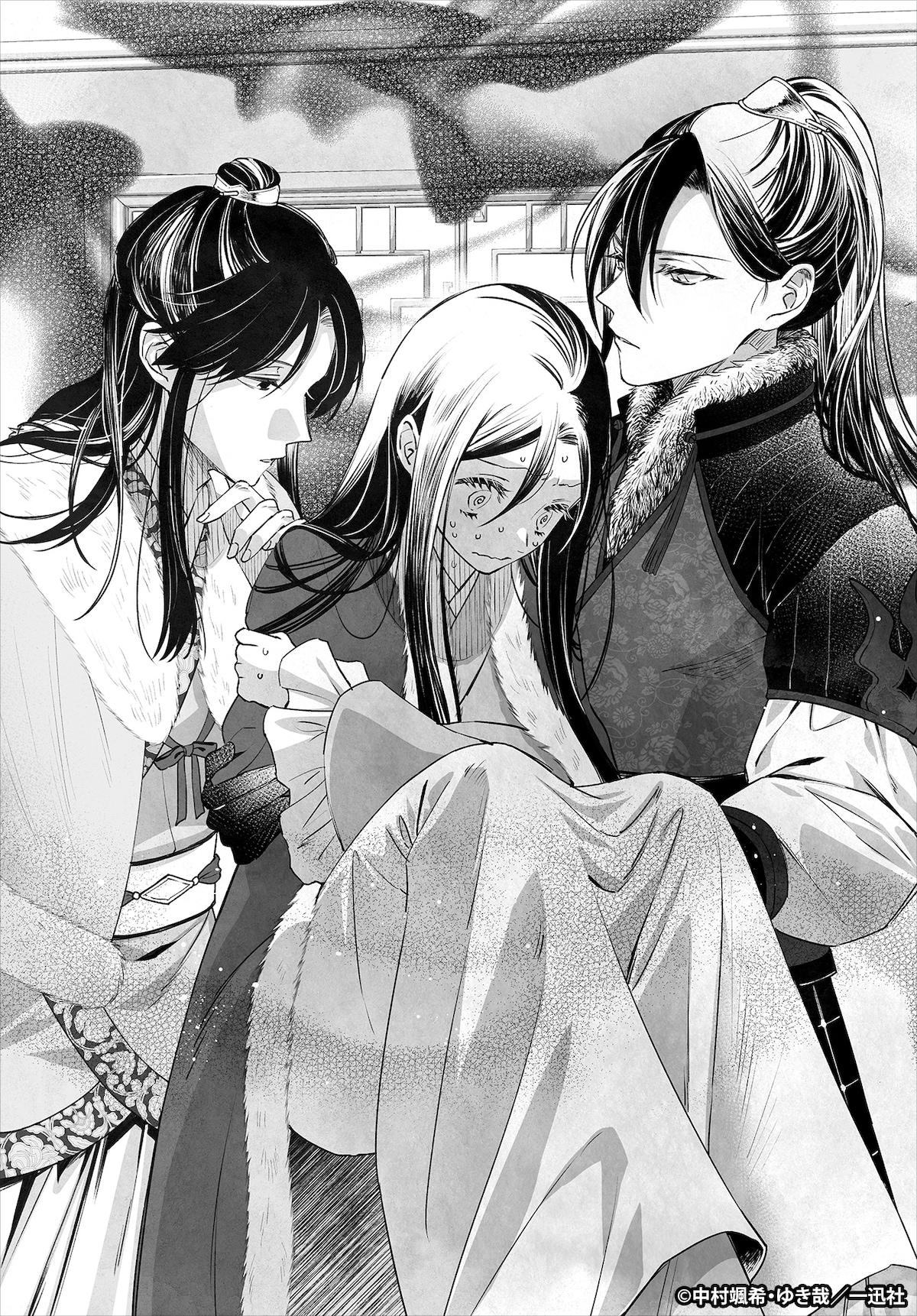 小説「ふつつかな悪女ではございますが ～雛宮蝶鼠とりかえ伝～」6巻より、左から玲琳の兄・黄景彰、玲琳と入れ替わった慧月、雛宮の風紀を取り締まる役人・辰宇。