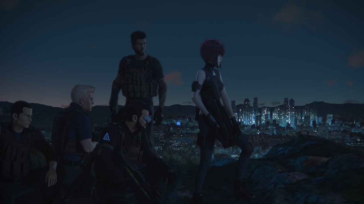 「攻殻機動隊 SAC_2045」場面カット。一番右が草薙素子、左から2番目がバトー、左下がサイトー。