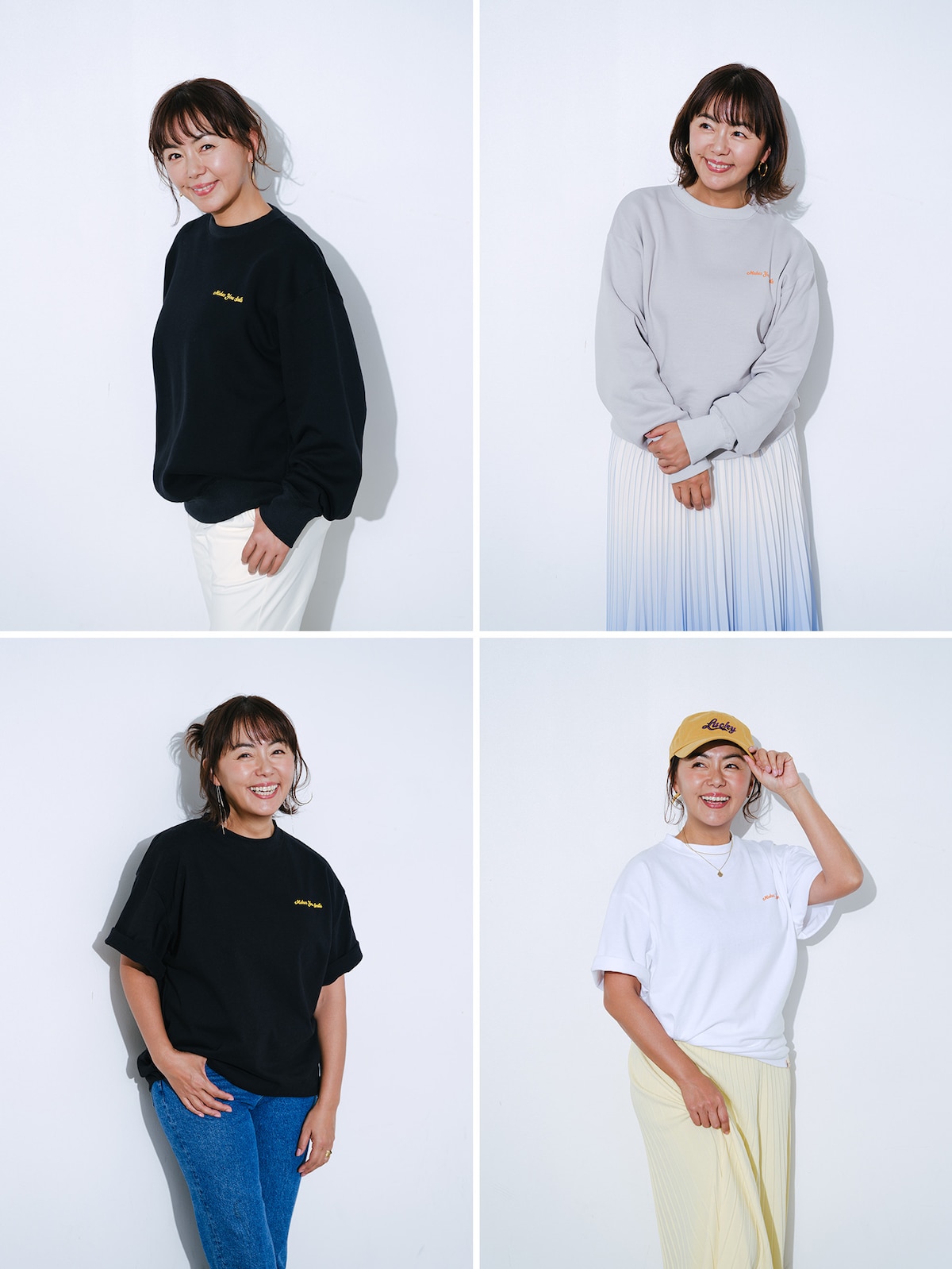 田中律子とGOODFOODがコラボレーションし、「Sunshine Days」をテーマに制作したアパレルアイテムの着用画像