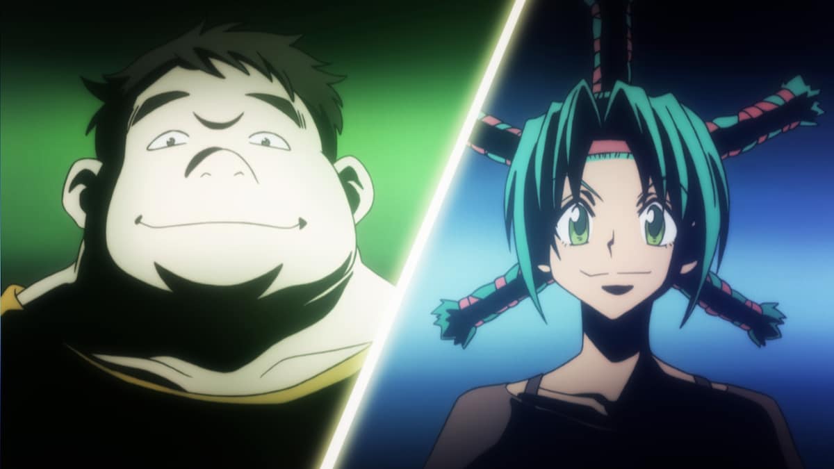 第二次試験の試験官であるメンチとブハラ。メンチは21歳にして一つ星ハンターの称号を持つ。