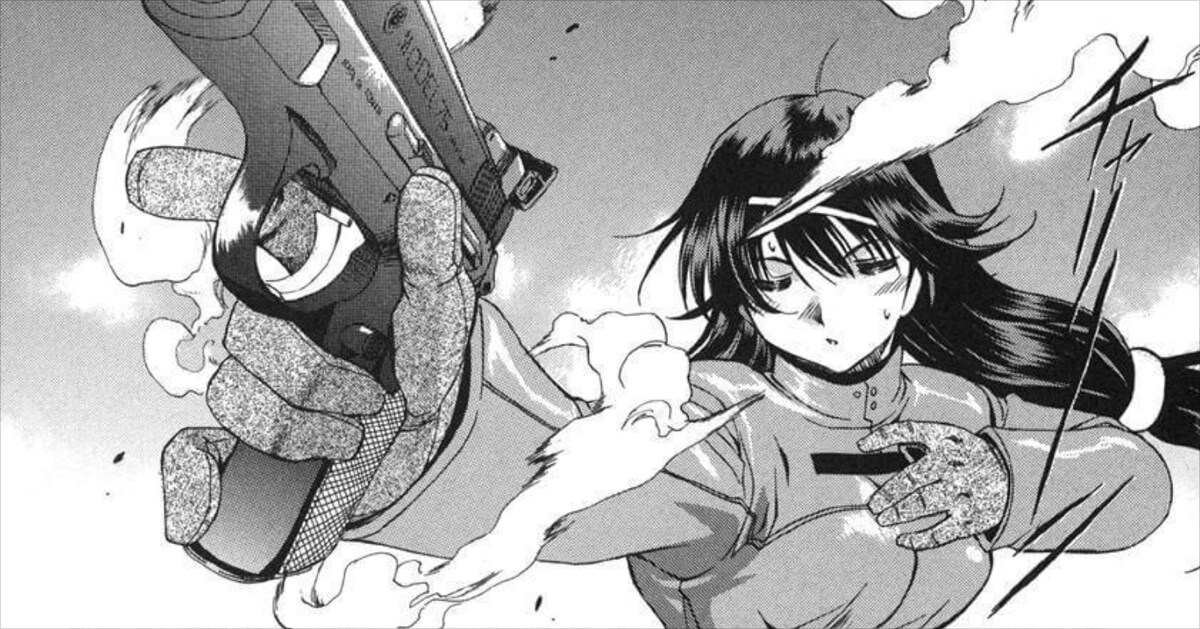 「ゼロイン」より、いのうえ先生が影響を受けたというカット。前のシーンで激しいアクションとともに銃を連射した後の余韻と、撃った後の銃をアップで見せている