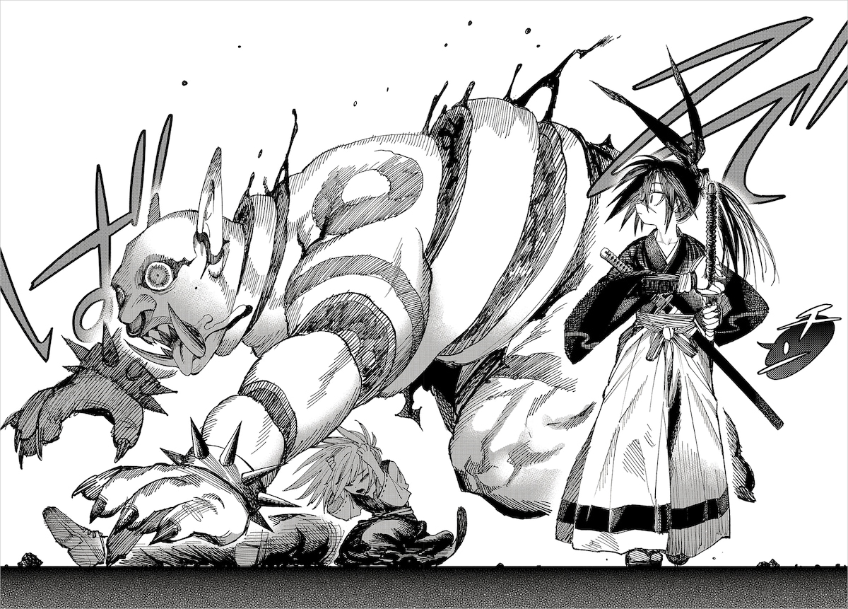 異世界で遭遇したオークを、涼しい顔で斬ってしまうギンコ。