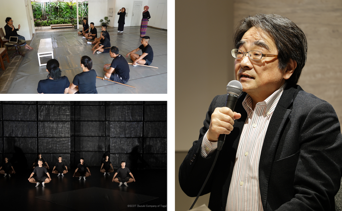 インドネシアでの「エレクトラ」ワークショップの様子（左上）、利賀村での「エレクトラ」稽古の様子（左下）、内野儀（右）。