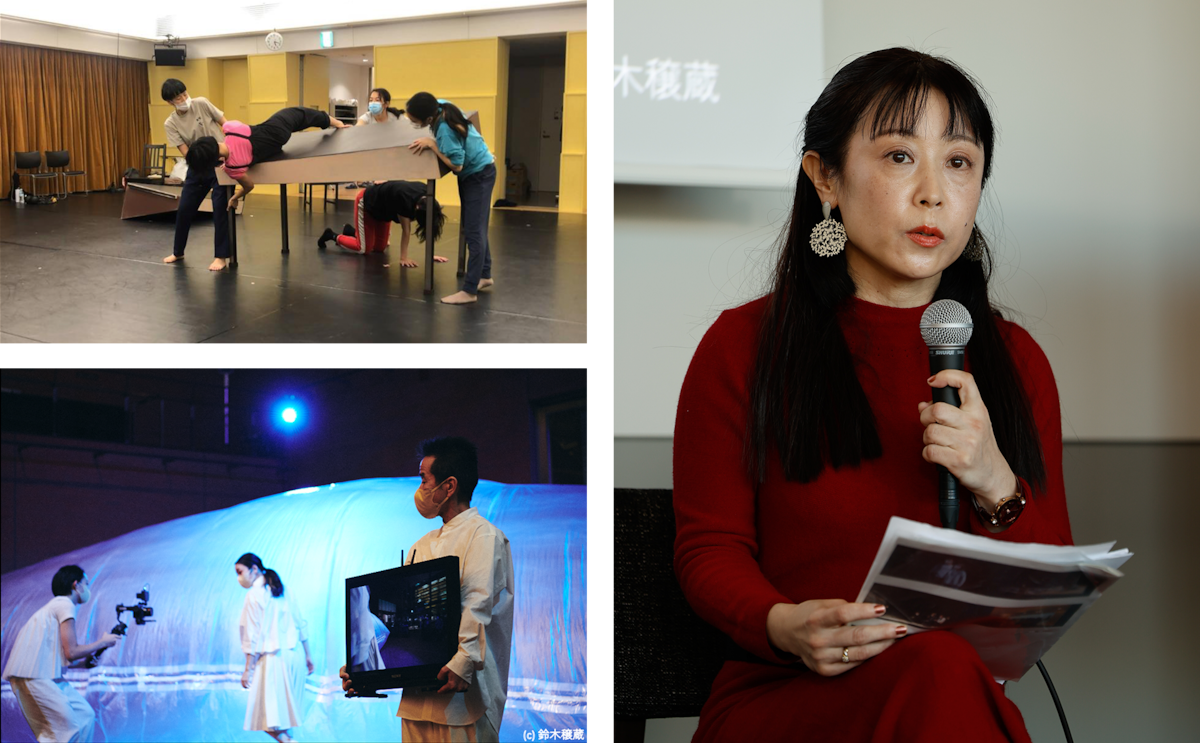 カンパニーデラシネラ×リー・レンシン、リウ・ジュイチュー「TOGE」の稽古の様子（左上）、「TOGEアトリウム」無料パフォーマンスの様子（左下）、高橋彩子（右）。