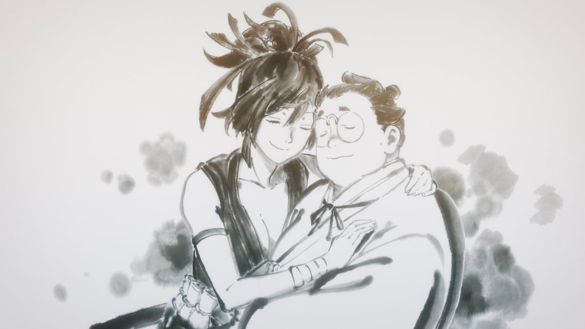 第12話より、くのいち・杠（ゆずりは）の腕の中に包まれる仙汰。