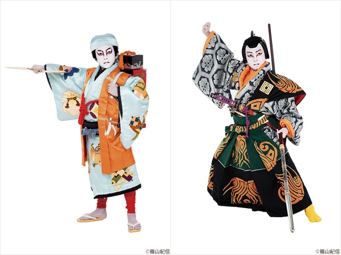 左が「外郎売」より、八代目市川新之助扮する外郎売実は曽我五郎（撮影：篠山紀信）、右が「毛抜」より、八代目市川新之助扮する粂寺弾正（撮影：篠山紀信）。無断転載禁止