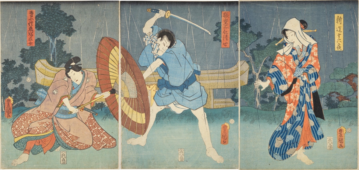 歌川国貞による「稲瀬川求女殺しの場」の浮世絵。左から求女（十三代目市村羽左衛門）、清心（四代目市川小團次）、十六夜（三代目岩井粂三郎）。