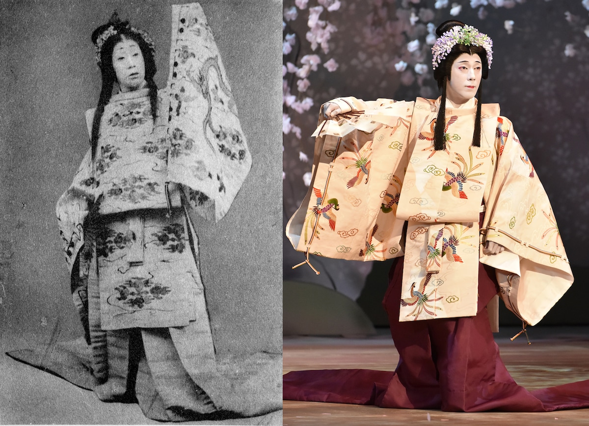 左は「静の法楽舞」より九世市川團十郎(「舞臺之團十郎」より。資料提供:公益財団法人松竹大谷図書館)、右は「静の法楽舞」より当代市川團十郎。