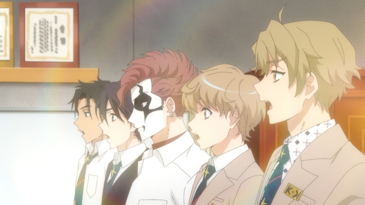 左からトリちゃんこと白鳥修治(CV:小原悠輝)、えいちゃんこと矢沢ひろし(CV:土田玲央)、あだち(CV:木村昴)、だんぼっち(CV:鵜澤正太郎)、ITこと小橋快人(CV:中西南央)。