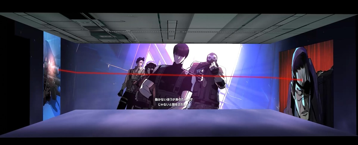 イマーシブ空間に投影される映像イメージ図。会場では壮馬が巻き込まれる壮絶な戦いの様子を全身で感じ取ることができる。