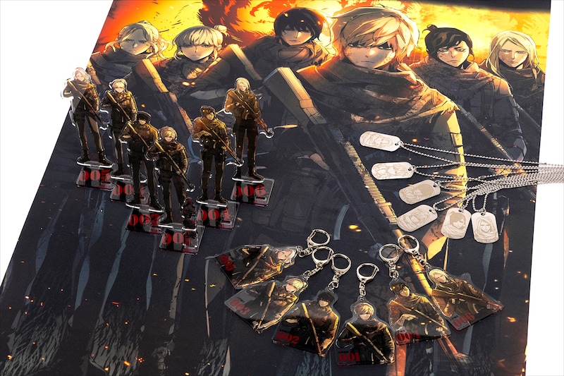 「入学傭兵」アクリルスタンド(全6種)、アクリルキーホルダー(全6種)、ドッグタグ(全6種)、タペストリー。