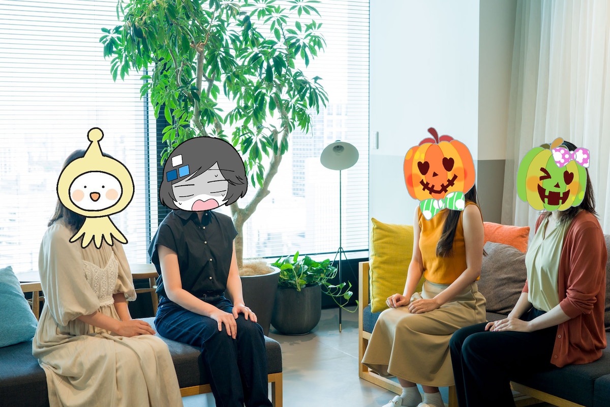 左からぽむ、蓬餅、みなみ（ぱんぷきん）、舞（ぱんぷきん）。