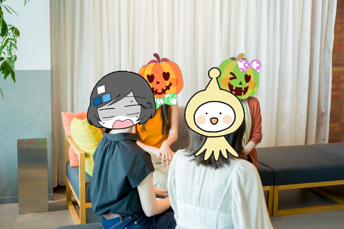 手前からぽむ、蓬餅、みなみ（ぱんぷきん）、舞（ぱんぷきん）。